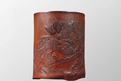 Old Chinese Bamboo Low Relief Mountain River Scene Design Brush Pot