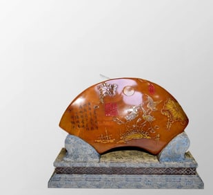 Vintage Chinese Shoushan Stone Tianhuang Stone Low Rlief Crane & Lotus Leaf Statue w Box