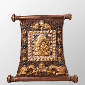 Old Tibetan Buddhism Gilt Gold Bronze Inlay Gem Padmasambhava Buddha Tangka