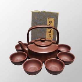 A Set Chinese Yixing Zisha Clay Handle Teapot & Cups w Artist Signed