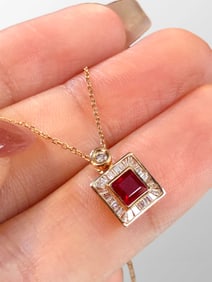 18k Gold Inlay Ruby & Diamond Pendant w Silver Necklace