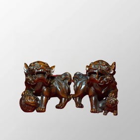 A Pair Vintage Chinese Boxwood Wood Carved Fortune Lion Statues