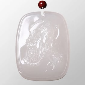 Superb Chinese Natural White Hetian Jade Carved General Guangong Pendant w Certificate