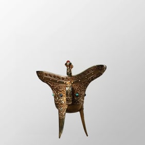 Vintage Chinese Gilt Gold Bronze Inlay Turquoise & Lapis Lazuli 3 Legs Wine Cup