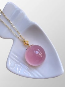 18K Gold Inlay Natural Pink Crystal Lucky Pendant w Silver Necklace