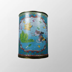 Vintage Chinese Gilt Gold Copper Cloisonne Mandarin Ducks Design Brush Pot