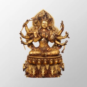 Tibetan Buddhism Gilt Gold Bronze Four Arm Kwan-yin Statue