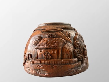 Old Chinese Bamboo Carved Figure Design Brush Washer