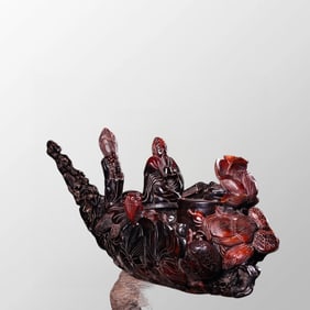 Vintage Ox Horn Carved Lotus Flower & Lotus Pod & Boat & Figure Statue