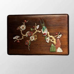 Superb Old Hainan Huanghuali Wood Inlay Shell Plum Flower & Magpie Jewelry Box