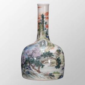 Chinese Qing Dynasty Famille Rose Enamel Landscape Scenery Porcelain Vase