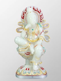 Superb Chinese Hand Drawn Gilt Gold White Hetian Jade Buddha Statue