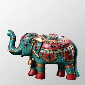 Tibetan Buddhism Gilt Gold Bronze Inlay Turquoise & Gem Elephant Statue