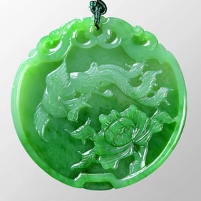 Chinese Natural Green Hetian Jade Low Relief Phoenix & Peony Pendant