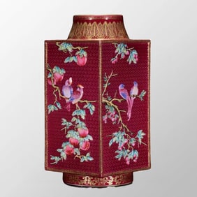 Chinese Gilt Gold Rouge Red Glaze Famille Rose Flowers Bird Porcelain Vase