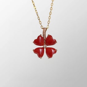 18k Gold Inlay Red Coral & Diamond Four Leaf Clover Pendant w Silver Necklace