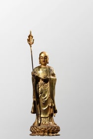 Vintage Tibetan Buddhism Gilt Gold Copper Ksitigarbha Statue