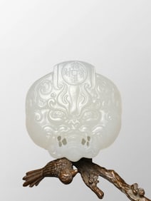 Chinese Natural Hetian Jade Carved Beast Head Belt Buckle