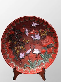 Hand Drawn Chinese Low Relief Red Lacquerware Crane & Pine Tree Plate
