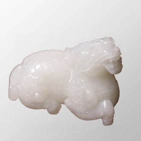 Superb Chinese Natural White Hetian Jade Carved Fortune Pixiu Statue w Certificate