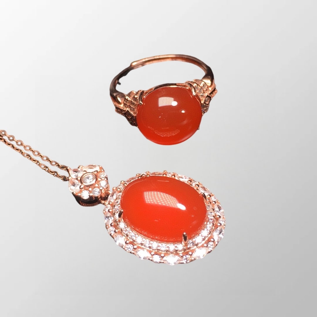 Chinese 925 Silver Inlay Nahong Agate Ring w Pendant: Chinese 925 Silver Inlay Nahong Agate Ring w Pendant