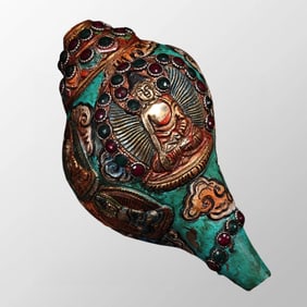 Vintage Tibetan Buddhism  Silver Plated Gilt Gold Inlay Turquoise & Gem Prayer Conch