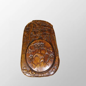Vintage Chinese Huali Wood Carved Bamboo & Plum Flower & Pine Tree Inkstone