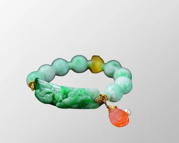 Beautiful Jadeite Beads Bracelet w Nanhong Agate Flower Pendant