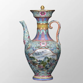 Superb Chinese Gilt Edges Famille Rose Mountain River Scene Design Porcelain Wine Pot