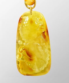 Superb Natural Beeswax Carved Carp Pendant w Beads Necklace
