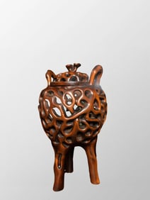 Openwork Chinese Boxwood Wood Carved Double Ears 3 Legs Incense Burner
