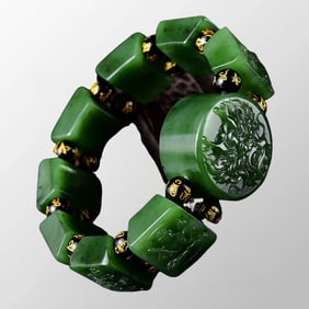 Superb Chinese Green Hetian Jade Carved Eight Guardian Gods & Dragon Beads Bracelet