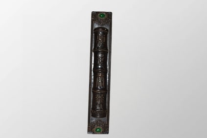 Vintage Chinese Copper Inlay Green Jade Paperweight