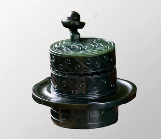 Chinese Natural Deep Green Hetian Jade Carved Stone Mill Model Statue