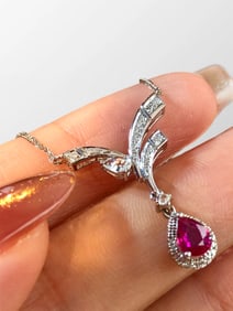 18k White Gold Inlay Ruby & Diamond Pendant w Silver Necklace