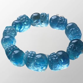 Beautiful Natural Aquamarine Carved Fortune Pixiu Beads Bracelet