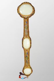 Exquisite Chinese Gold Wire Enamel Inlay White Hetian Jade & Ruby Ruyi Scepter