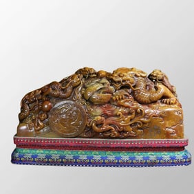 Vintage Chinese Shoushan Stone Carved Fortune Dragon Statue/Seal w Box