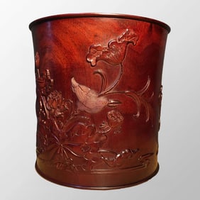 Chinese Huali Wood Low Relief Mandarin Ducks & Lotus Leaf & Lotus Flower Design Brush Pot