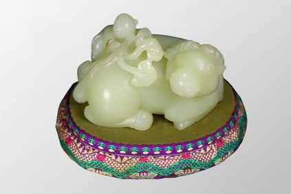 Superb Chinese Hetian Jade Carved Sheep & Ruyi Statue