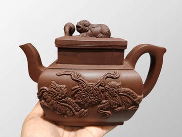 Chinese Yixing Zisha Clay Low Relief Lion Design Teapot w Artist Signed