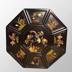 Vintage Chinese Zitan Wood Inlay Shoushan Stone & Shell,Gem Flowers Bird Jewellery Box