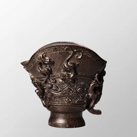 Vintage Ox Horn High Relief Chi Dragon Sacrifice Cup