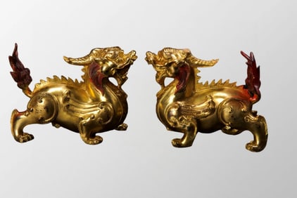 A Pair Vintage Chinese Gilt Gold Bronze Pixiu Statues