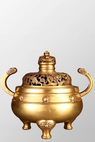 Old Chinese Gilt Gold Bronze 3 Legs Double Ears Incense Burner