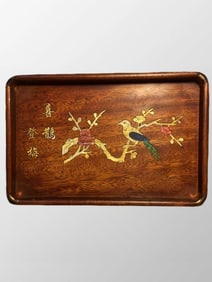 Chinese Huali Wood Inlay Shell Plum Flower & Magpie Design Tea Tray