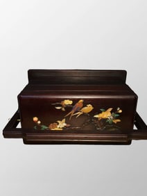 3 Layers Chinese Zitan Wood Inlay Shell & Gem,Shoushan Stone Flower Bird Design Handle Food Box