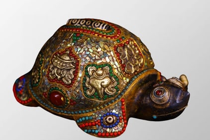 Vintage Tibetan Meteorolite Inlay Shell & DZI Agate Long Life Turtle Statue