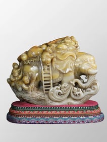 Vintage Chinese Shoushan Stone Carved Elephant & Laughing Buddha Seal w Box