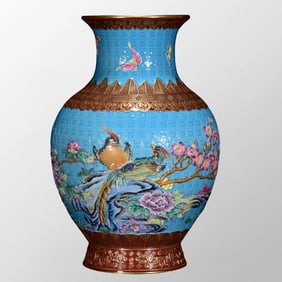 Chinese Gilt Edge Blue Glaze Famille Rose Flwoers Bird Design Porcelain Vase
